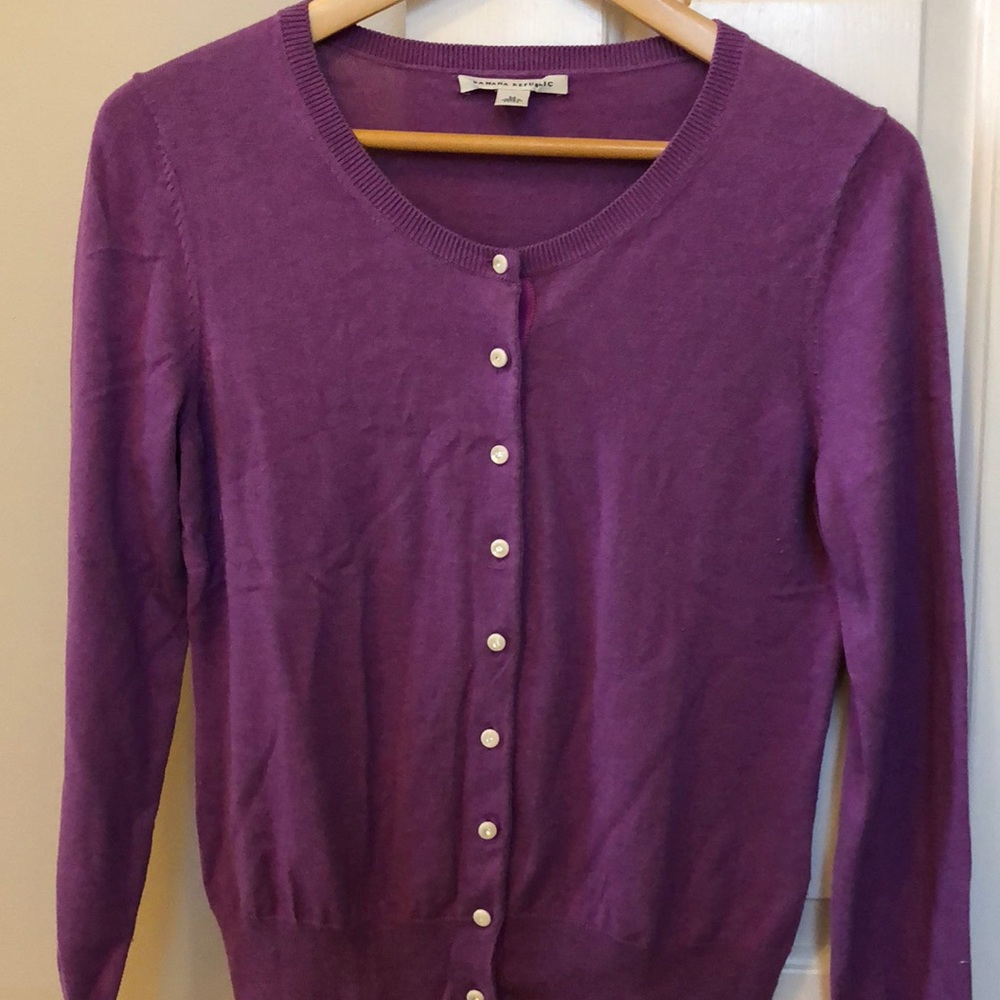 Purple BR cardigan with sparkly buttons